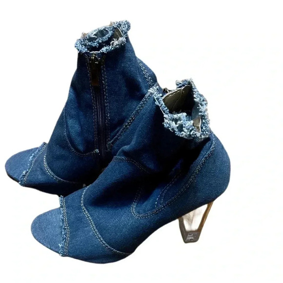 Denim frayed side zip day 2 nite stylish trend transparent stack heel boot 8.5/9 - Picture 3 of 6
